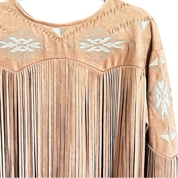 NEW blue b Light Brown Faux Suede Allover Fringe Embroidered Western Jacket S - Picture 5 of 5